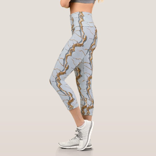 White Marble Texture with Cracked Gold Veins Capri Leggings (Left)