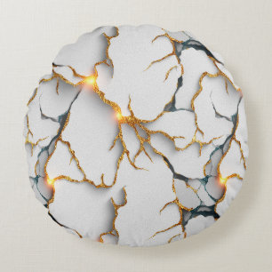 White Marble Texture with Glowing Gold Veins Round Pillow