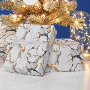 White Marble Texture with Glowing Gold Veins Wrapping Paper