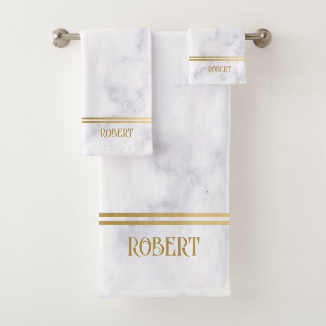 White marble texture with gold stripes  bath towel set (Insitu)