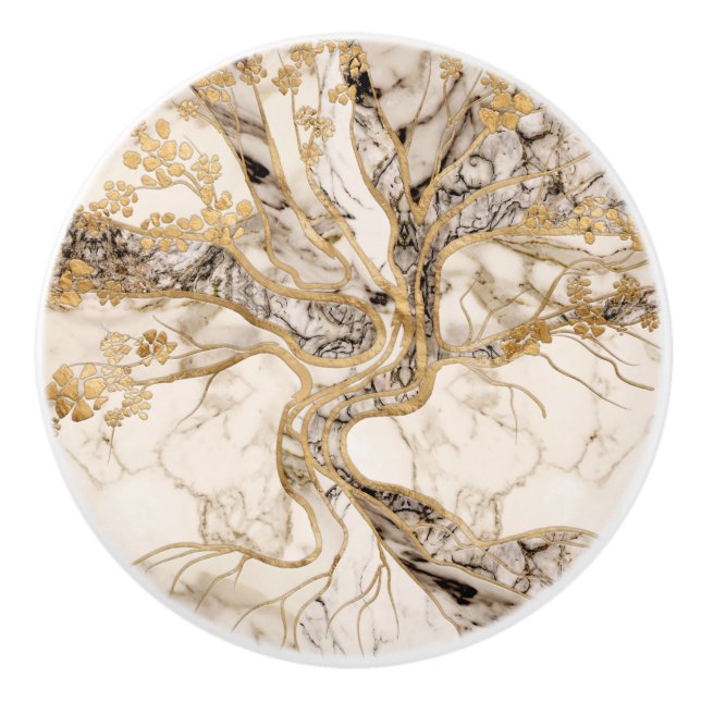 White Marble Tree of Life Abstract Ceramic Knob (Front)
