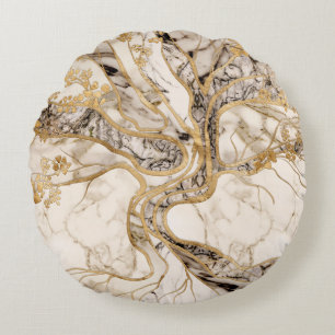 White Marble Tree of Life Abstract Round Pillow