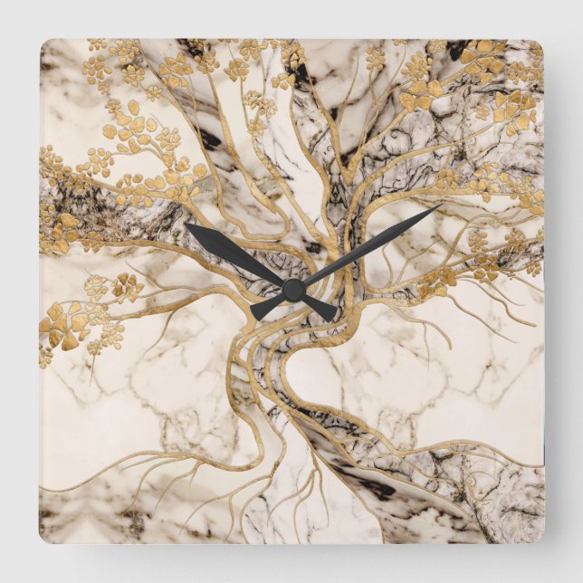 White Marble Tree of Life Abstract Square Wall Clock (Front)