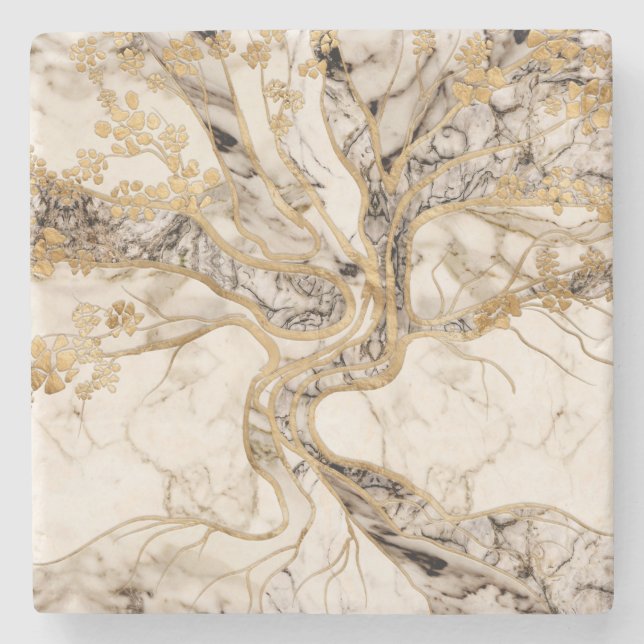 White Marble Tree of Life Abstract Stone Coaster (Front)