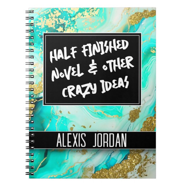 White Marble Turquoise Black and White Graffiti Notebook (Front)