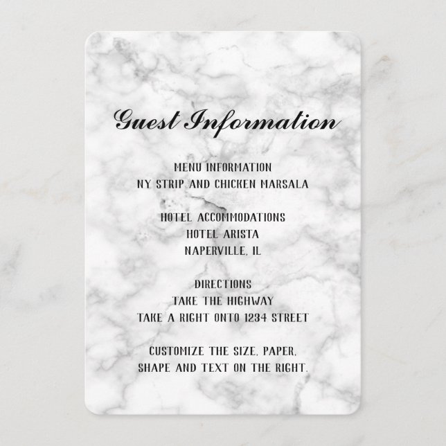 White Marble Wedding Details Info Card (Front)