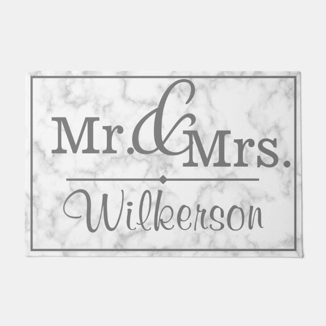 White Marble Welcome Mat Mr. and Mrs. Family Name  (Front)