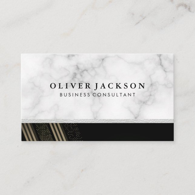 White Marble White Leather Gold Sequin Striped Business Card (Front)