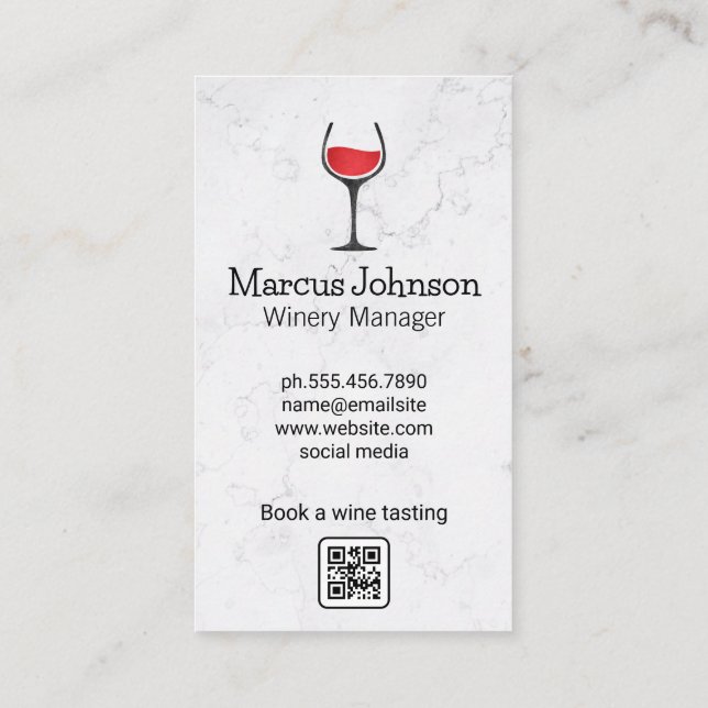 White Marble | Wine Glass Logo | Tasting QR code Business Card (Back)