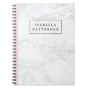 White Marble with Blush Pink Accent Personalized Notebook