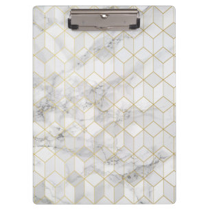 White Marble with Gold Cube Pattern Clipboard