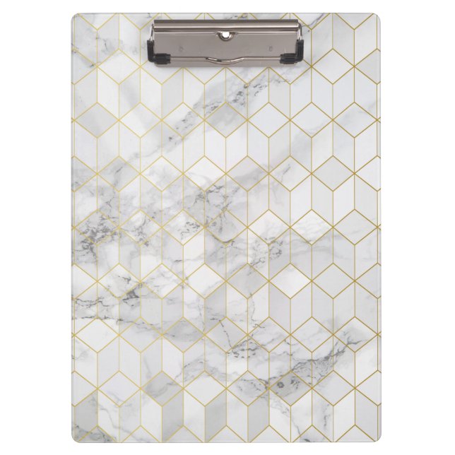 White Marble with Gold Cube Pattern Clipboard (Front)