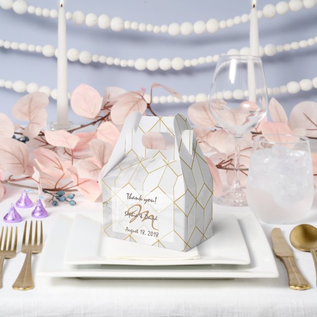 White Marble with Gold Cube Pattern + Monogram Favor Box (Wedding)