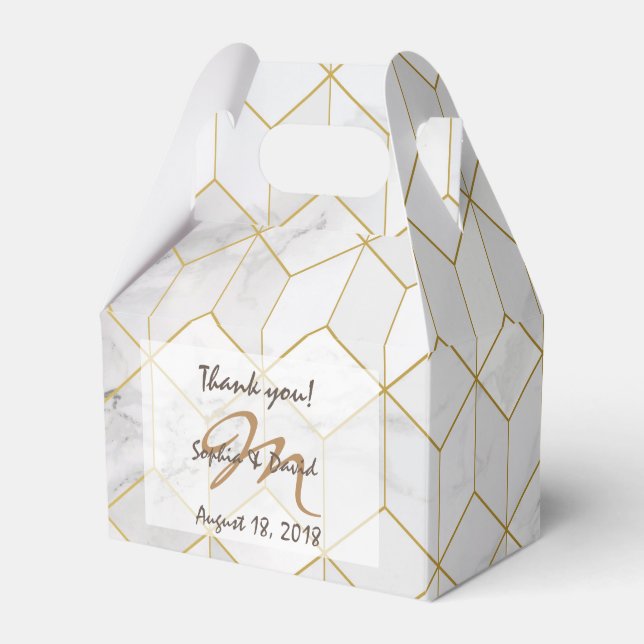 White Marble with Gold Cube Pattern + Monogram Favor Box (Front Side)
