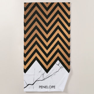 White Marble With Golden Chevrons Beach Towel