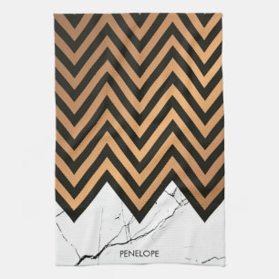 White Marble With Golden Chevrons Kitchen Towel