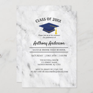 White Marble With Navy Blue Grad Cap Graduation Invitation