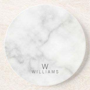 White Marble with Personalized Monogram and Name Coaster