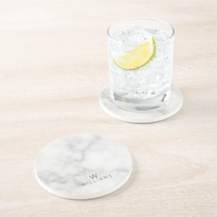 White Marble with Personalized Monogram and Name Coaster