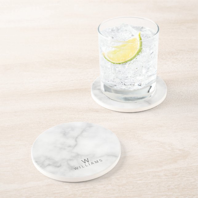 White Marble with Personalized Monogram and Name Coaster (Side)