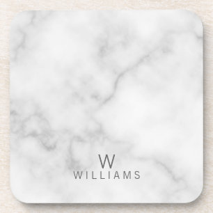 White Marble with Personalized Monogram and Name Coaster