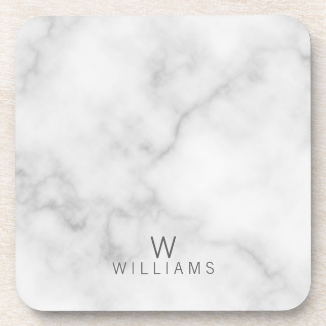 White Marble with Personalized Monogram and Name Coaster (Front)