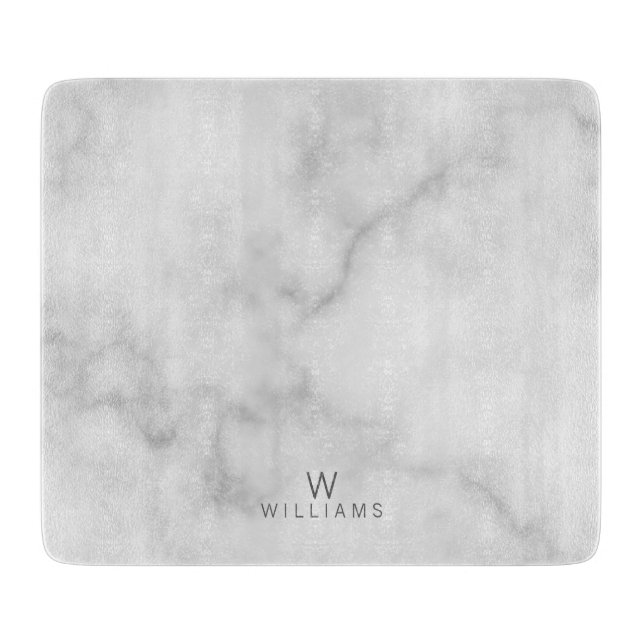 White Marble with Personalized Monogram and Name Cutting Board (Front)