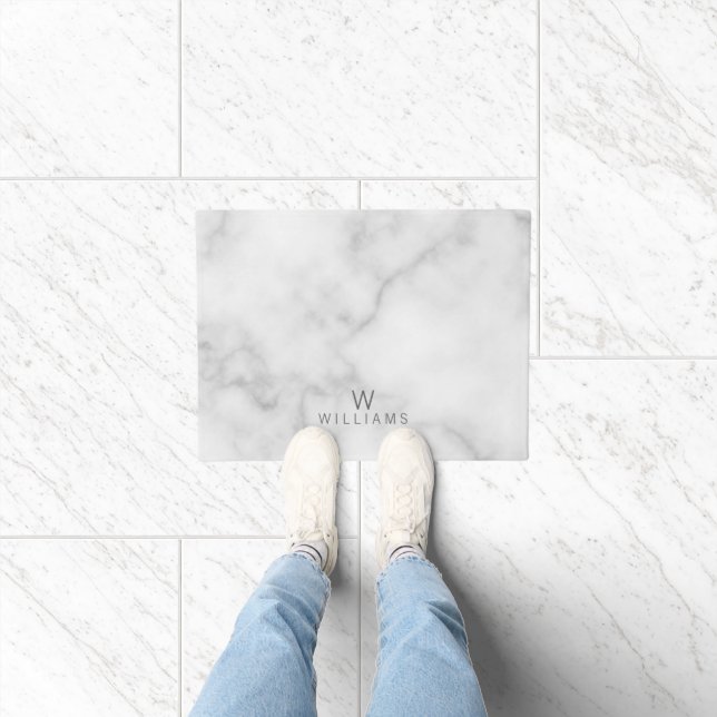 White Marble with Personalized Monogram and Name Doormat (Indoor)