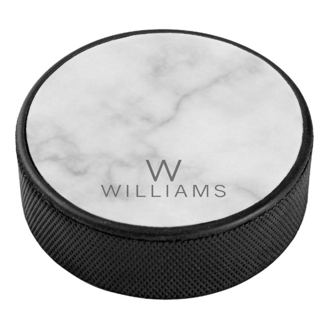 White Marble with Personalized Monogram and Name Hockey Puck (3/4)