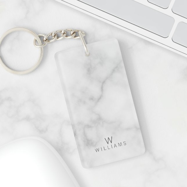 White Marble with Personalized Monogram and Name Keychain (Creator Uploaded)