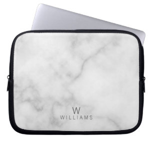 White Marble with Personalized Monogram and Name Laptop Sleeve