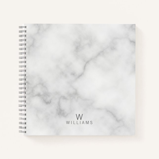 White Marble with Personalized Monogram and Name Notebook (Front)