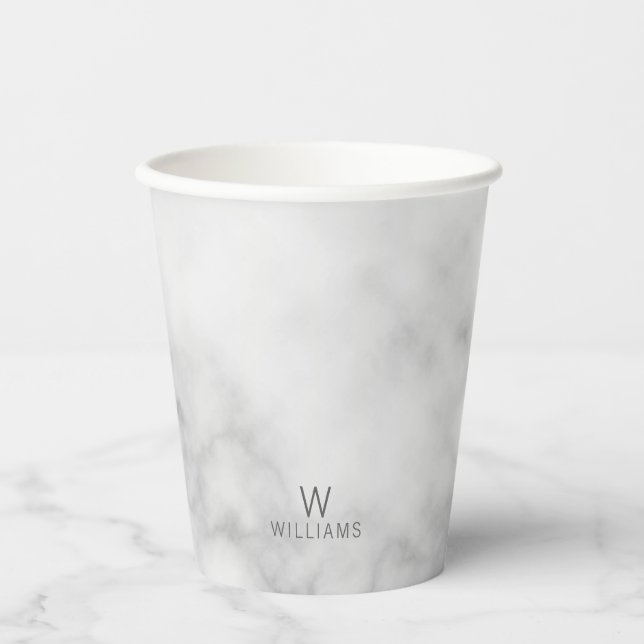 White Marble with Personalized Monogram and Name Paper Cups (Front)