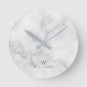 White Marble with Personalized Monogram and Name Round Clock