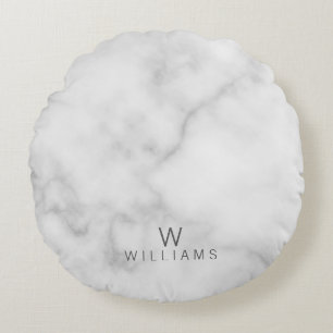 White Marble with Personalized Monogram and Name Round Pillow