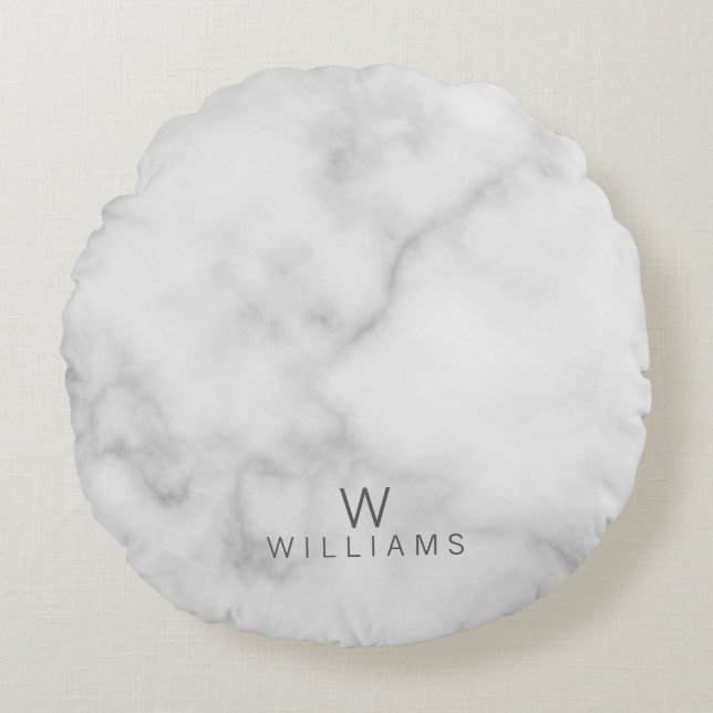 White Marble with Personalized Monogram and Name Round Pillow (Front)