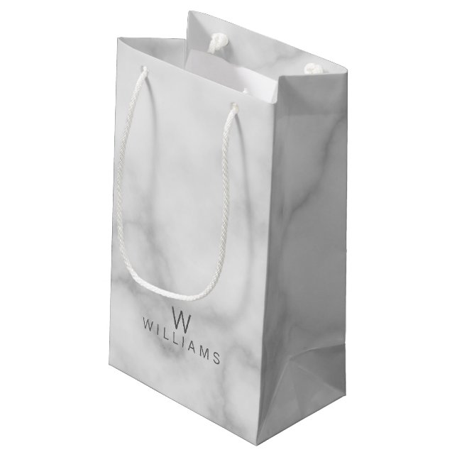 White Marble with Personalized Monogram and Name Small Gift Bag (Back Angled)