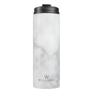 White Marble with Personalized Monogram and Name Thermal Tumbler