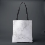 White Marble with Personalized Monogram and Name Tote Bag<br><div class="desc">White Marble with Personalized Monogram and Name Gift
featuring monogram and name in grey modern sans serif font style on white marble background.

Perfect as bridesmaids gift,  mother's day gift,  holiday gift,  family reunion gift and gift for any special occasions.</div>
