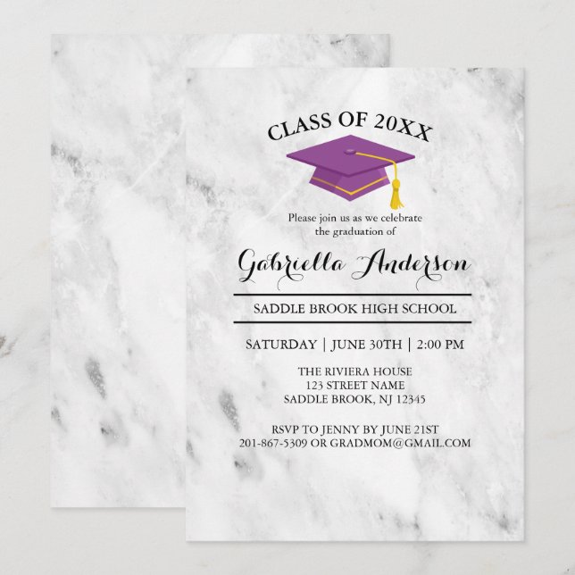 White Marble With Purple Grad Cap Graduation Invitation (Front/Back)