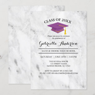 White Marble With Purple Grad Cap Graduation Invitation