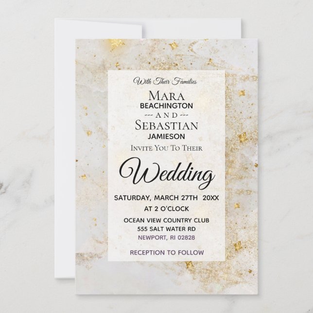 ~ White Marble with Star Dust Glitter Wedding Invitation (Front)