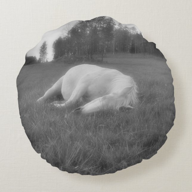 White Mare Resting in Field on a Horse Ranch Round Pillow (Back)
