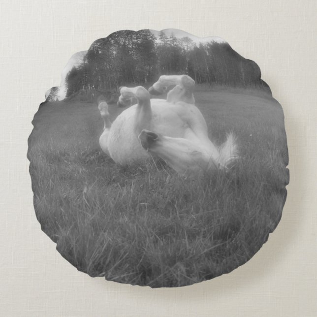 White Mare Rolling in Grass on a Horse Ranch Round Pillow (Front)