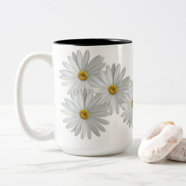 White Marguerite Daisy Flowers Two-Tone Coffee Mug (With Donut)