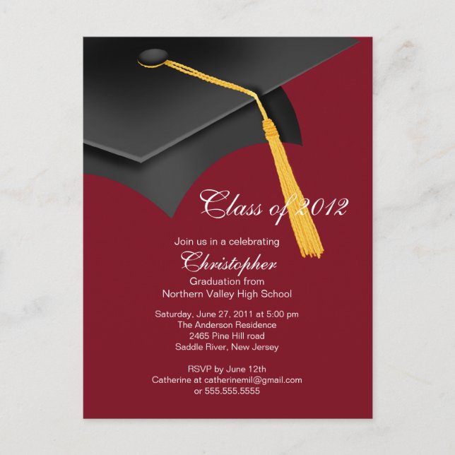 White Maroon Grad Cap Graduation Party Invitation (Front)
