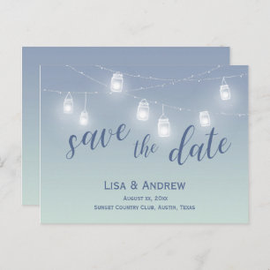 White Mason Jar Lights on Blue, Wedding Announcement Postcard