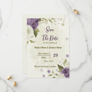 white & mauve flowers botanical wedding save the date