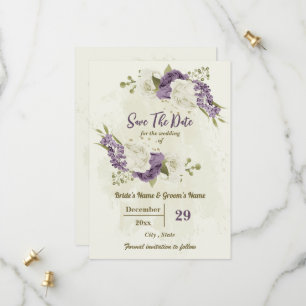 white & mauve flowers botanical wedding save the date