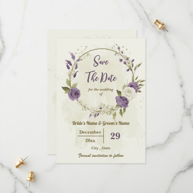 white & mauve flowers botanical wedding save the date (Front/Back In Situ)